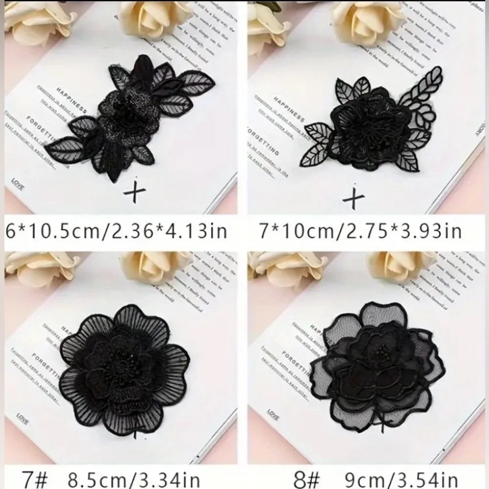 Black Embroidered Sew-On Floral Appliqué, Craft & Clothing Embellishment, New